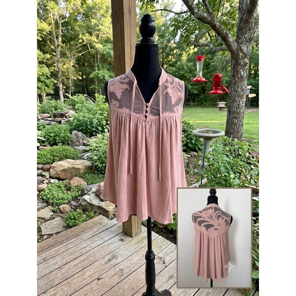 Free People Dusty Rose Mesh Floral Embroidered Sleeveless Boho Blouse Small